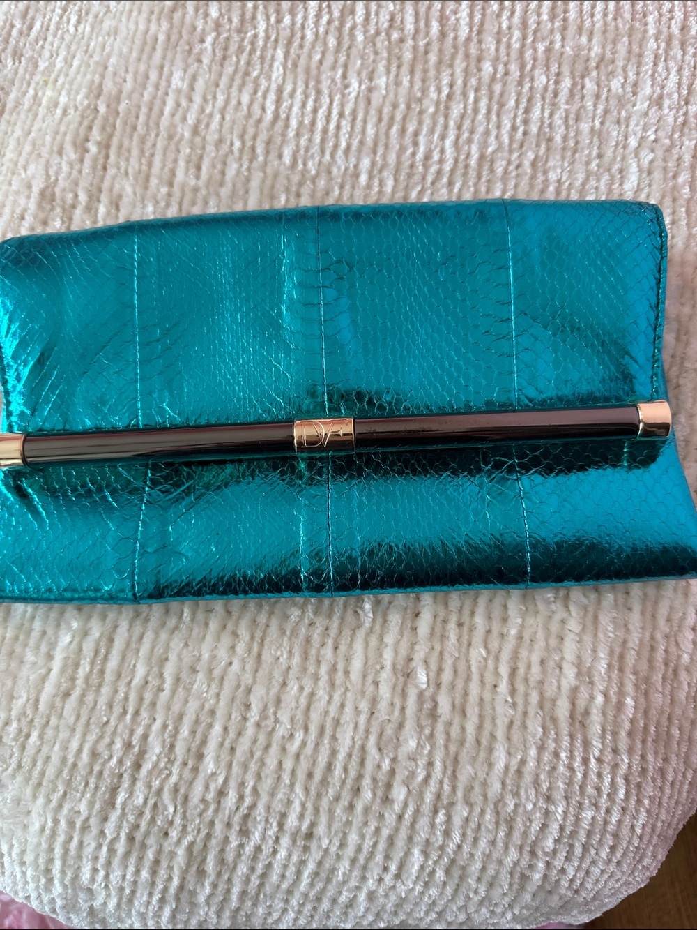 Diane Von Furstenberg Metallic Teal Fold-Over Clutch with Gold Bar Accent